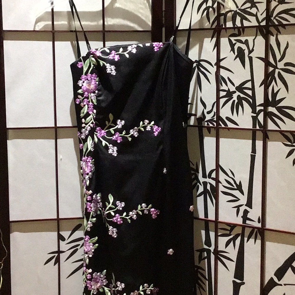 embroidered black strapless full length dress